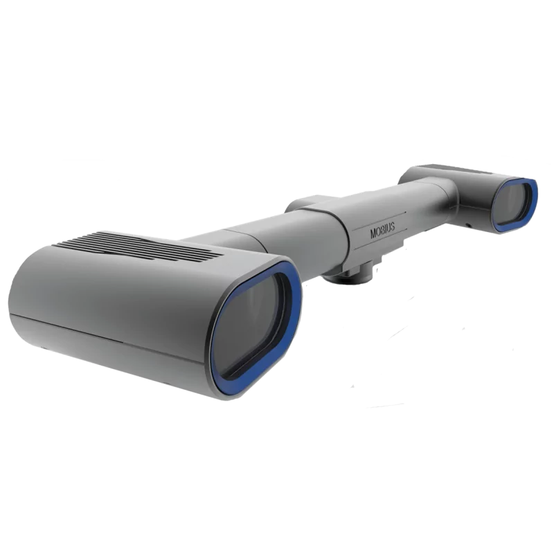 Imetrum Mobius 1000 - Tracking vidéo 3D Profondeur 1 m | Mescan Le système de mesure de déformation par DIC 3D Imetrum avec la tête de mesure robuste Mobius 1000 intégrant 2 caméras espacées de 600 mm, est capable de suivre en temps réel les déplacements de plusieurs points cibles d'environ 10 à 27 mm à la surface d'un objet situé dans un volume profond de 1 m à environ 1,2 m. Le système Mobius offrant la meilleure précision et la sortie de données la plus riche de tous les systèmes de vidéo DIC 3D du marché, il est idéal pour les mesures en haute résolution sur des structures et objets de grandes dimensions. Sa capacité à produire très simplement des données de déformations, déplacements et rotations sans contact et à grande distance en font un dispositif particulièrement adapté aux essais sismiques en laboratoire et aux essais en soufflerie.