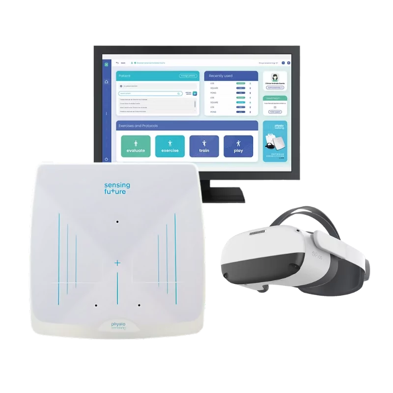 Solution physio sensing vertigo avec plateforme de stabilométrie et casque VR, distribution sensing future France Mescan