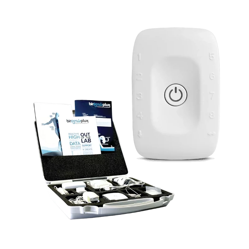 kit biosignalsplux researcher, mesures physiologiques, 8 capteurs bluetooth et mémoire, distribution Mescan