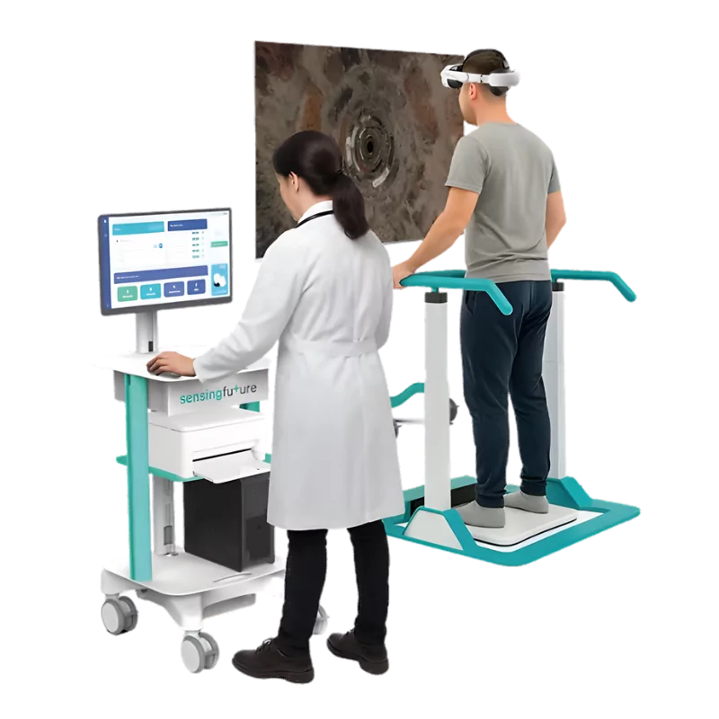 Système physiosensing Otoneuro avec plateforme de stabilométrie et casque VR, distribution sensing future France Mescan
