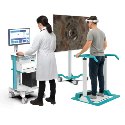 Système physiosensing Otoneuro avec plateforme de stabilométrie et casque VR, distribution sensing future France Mescan