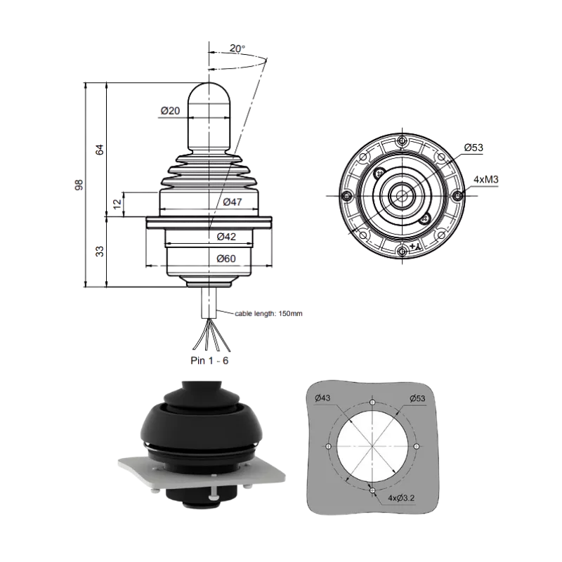 Joystick Polyvalent 1-2 Axes Série SK60 | GT Joysticks