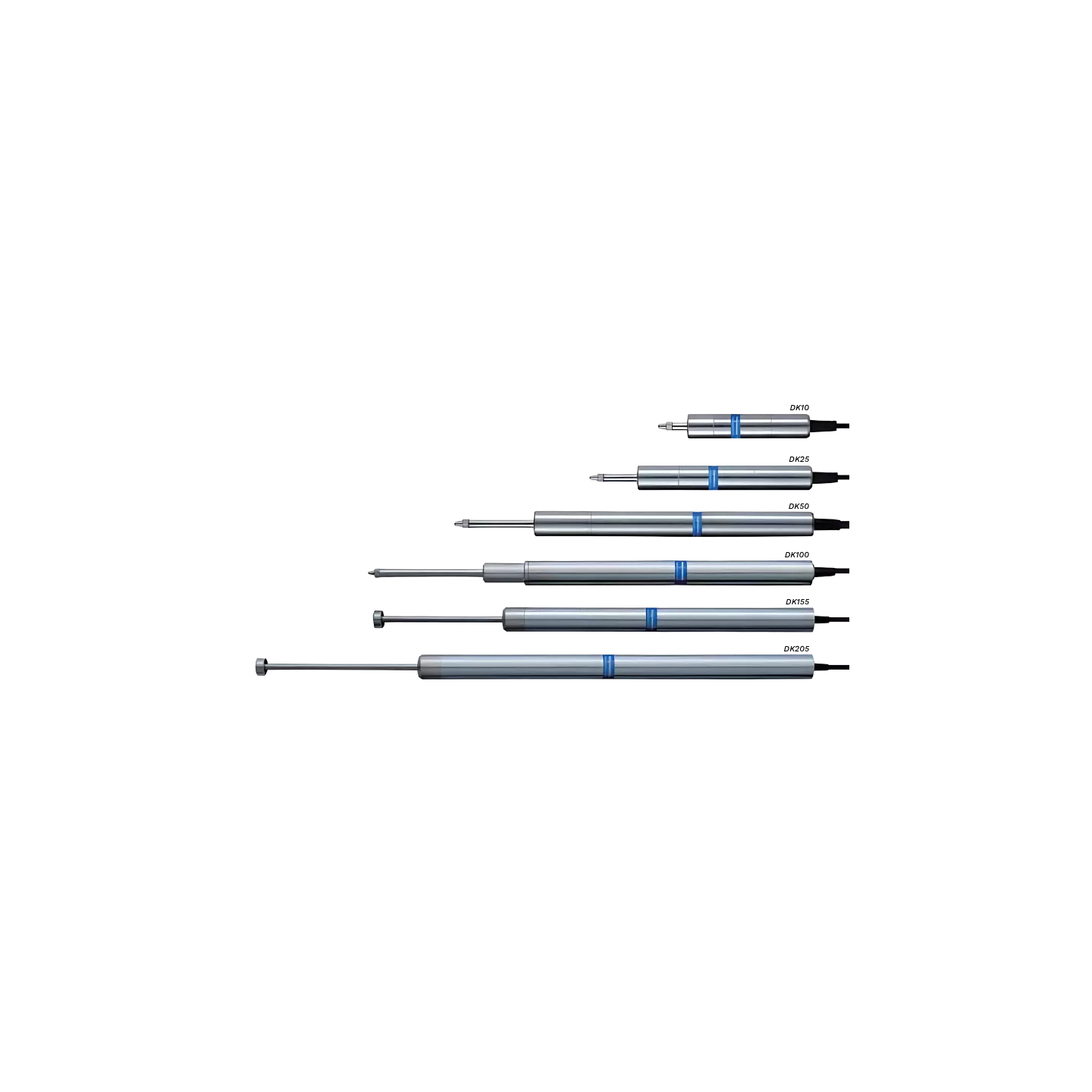 Magnescale Digital Gauge DK10, DK25, DK50, DK100, DK155 et DK205, course 10 à 205 mm, résolution 0,5 µm, sortie TTL RS422, IP67