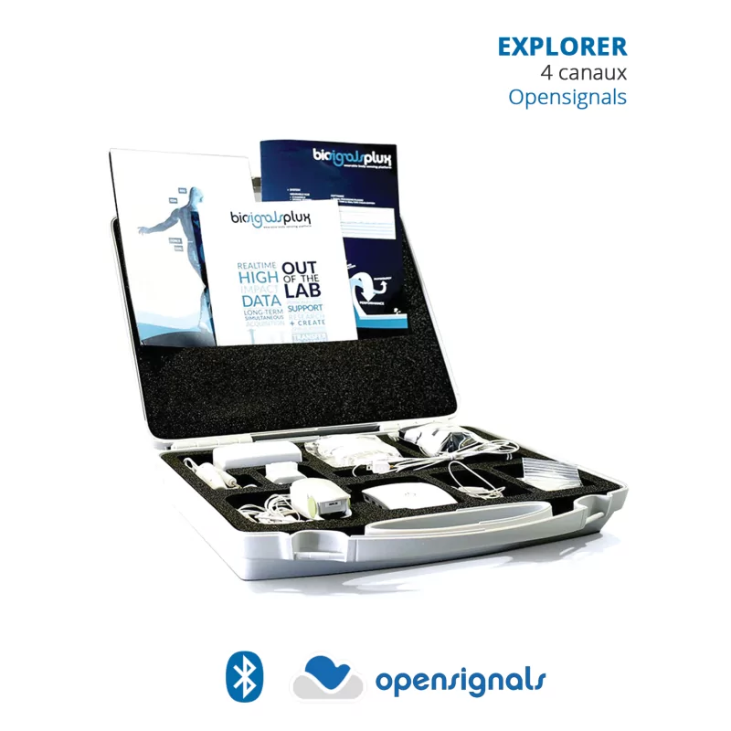 kit biosignalsplux explorer, mesures physiologiques, 4 capteurs bluetooth, distribution Mescan