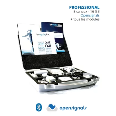 kit biosignalsplux researcher, mesures physiologiques, 8 capteurs bluetooth et mémoire, distribution Mescan