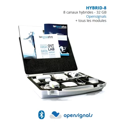 kit biosignalsplux hybrid-8 bluetooth, 8 capteurs physiologiques numériques ou analogiques, distribution Mescan