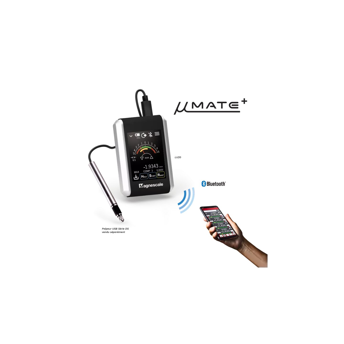 Magnescale LU20 µMATE+, afficheur mobile pour palpeurs USB séries DS800S et DS, µSD et Bluetooth vers Windows, Android, iOS