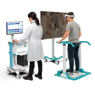 Otoneuro pour rééducation vestibulaire et posturographie, plateforme de force, capteur inertiel, casque de réalité virtuelle