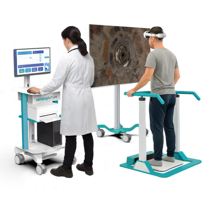 Otoneuro pour rééducation vestibulaire et posturographie, plateforme de force, capteur inertiel, casque de réalité virtuelle