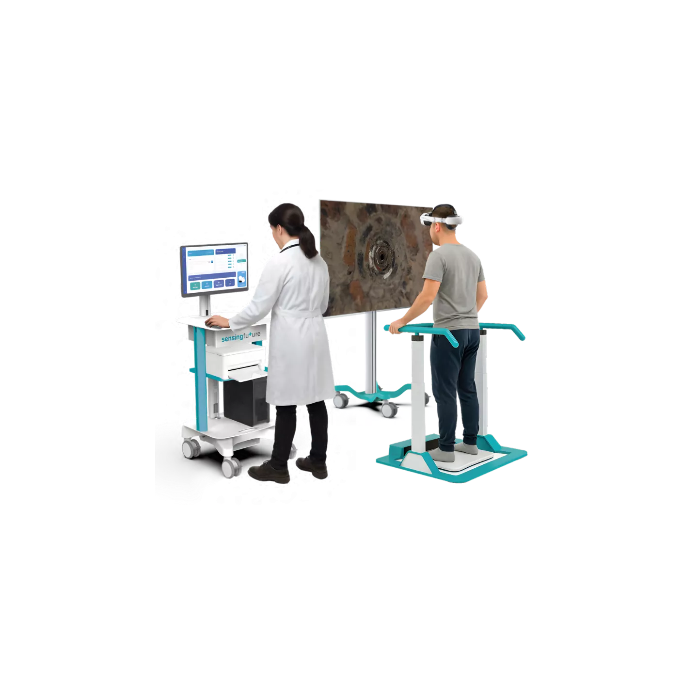 Otoneuro pour rééducation vestibulaire et posturographie, plateforme de force, capteur inertiel, casque de réalité virtuelle