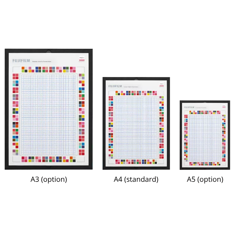 fiches de numérisation format A4 (standard), A3 ou A5 (en option), pour étalonnage automatique et analyse par Prescale Mobile