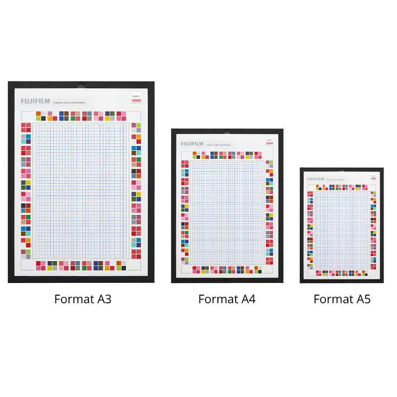 fiches de numérisation format A4 (standard), A3 ou A5 (en option), pour étalonnage automatique et analyse par Prescale Mobile