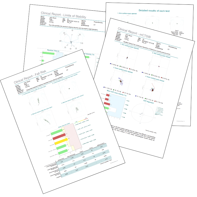 rapports d'analyse complets physio sensing basic : stabilogramme, BESS, sway (quilibre), risque de chute