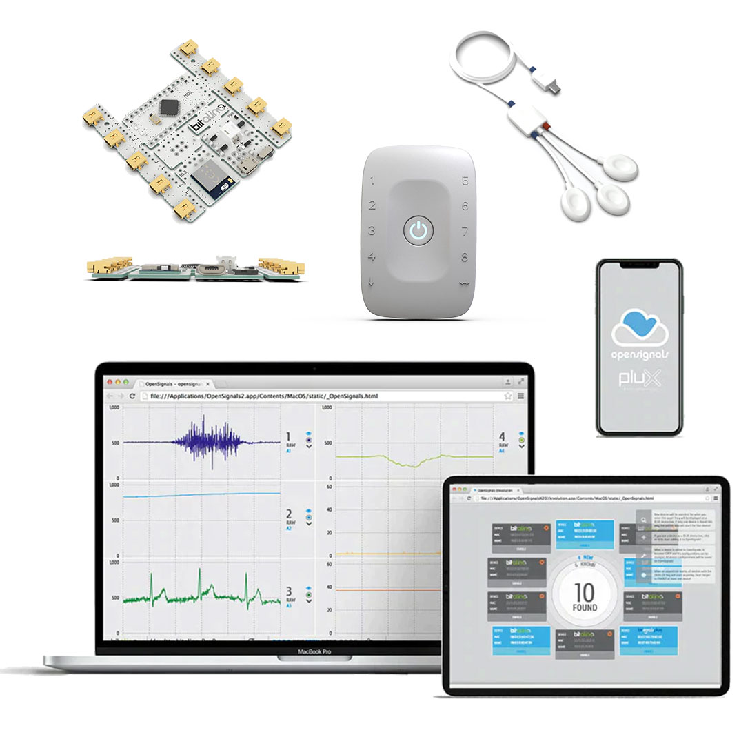 Systèmes d'acquisition sans fil, kits et capteurs Biosignalsplux pour mesure des signaux et paramètres biomécanisues et physiologiques en qualité recherche